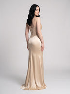 Champagne Satin Mermaid Sweetheart Corset Back Floor-Length Dress with Diagonal Hip Ruching - Curvevia