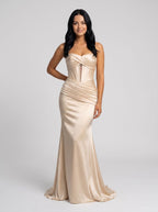 Champagne Satin Mermaid Sweetheart Corset Back Floor-Length Dress with Diagonal Hip Ruching - Curvevia