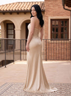 Champagne Satin Mermaid Sweetheart Corset Back Floor-Length Dress with Diagonal Hip Ruching - Curvevia