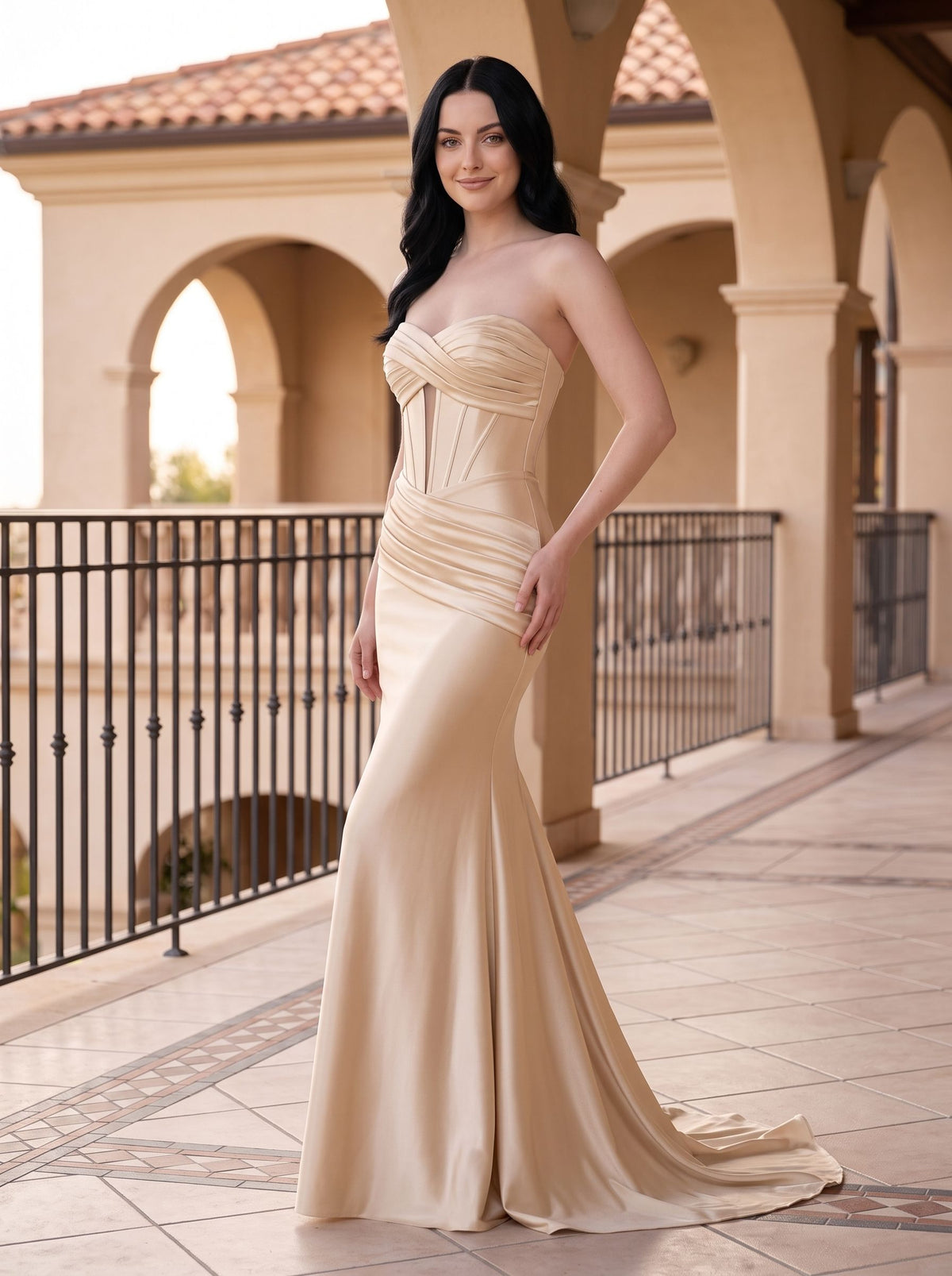 Champagne Satin Mermaid Sweetheart Corset Back Floor-Length Dress with Diagonal Hip Ruching - Curvevia