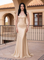Champagne Satin Mermaid Sweetheart Corset Back Floor-Length Dress with Diagonal Hip Ruching - Curvevia