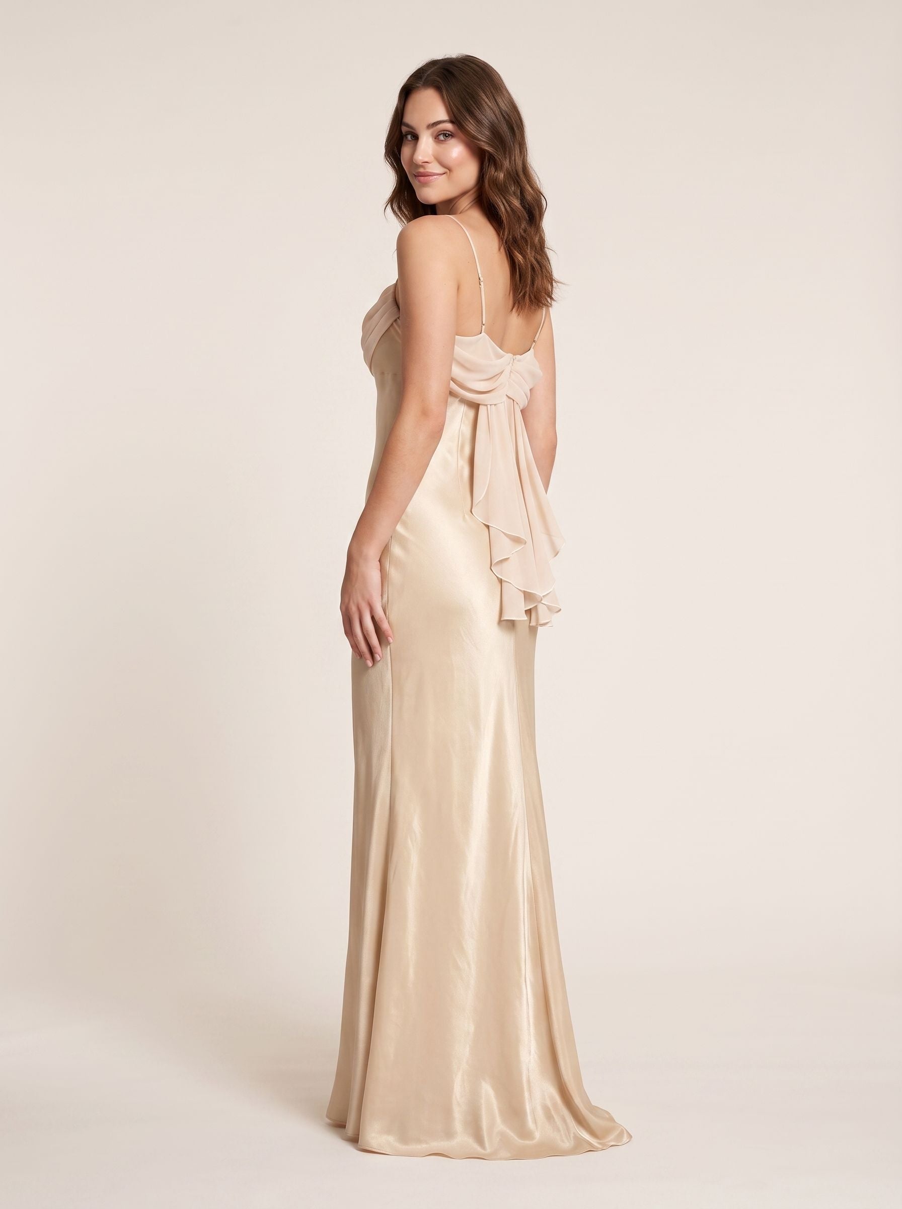 Champagne Satin Mermaid Cowl Neck Corset Back Floor-Length Dress with Pleated Bodice - Curvevia