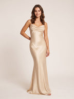 Champagne Satin Mermaid Cowl Neck Corset Back Floor-Length Dress with Pleated Bodice - Curvevia