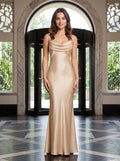 Champagne Satin Mermaid Cowl Neck Corset Back Floor-Length Dress with Pleated Bodice - Curvevia
