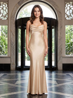 Champagne Satin Mermaid Cowl Neck Corset Back Floor-Length Dress with Pleated Bodice - Curvevia