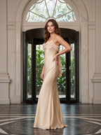 Champagne Satin Mermaid Cowl Neck Corset Back Floor-Length Dress with Pleated Bodice - Curvevia