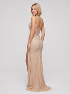 Champagne Sequin Mesh Sheath Straight Neck Corset Back Floor-Length Dress with High Slit - Curvevia