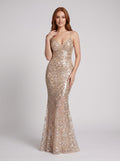 Sand Sequins Sheath V-Neck Back Zip Floor-Length Dress with Sheer Skirt Overlay - Curvevia