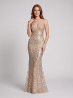 Sand Sequins Sheath V-Neck Back Zip Floor-Length Dress with Sheer Skirt Overlay - Curvevia