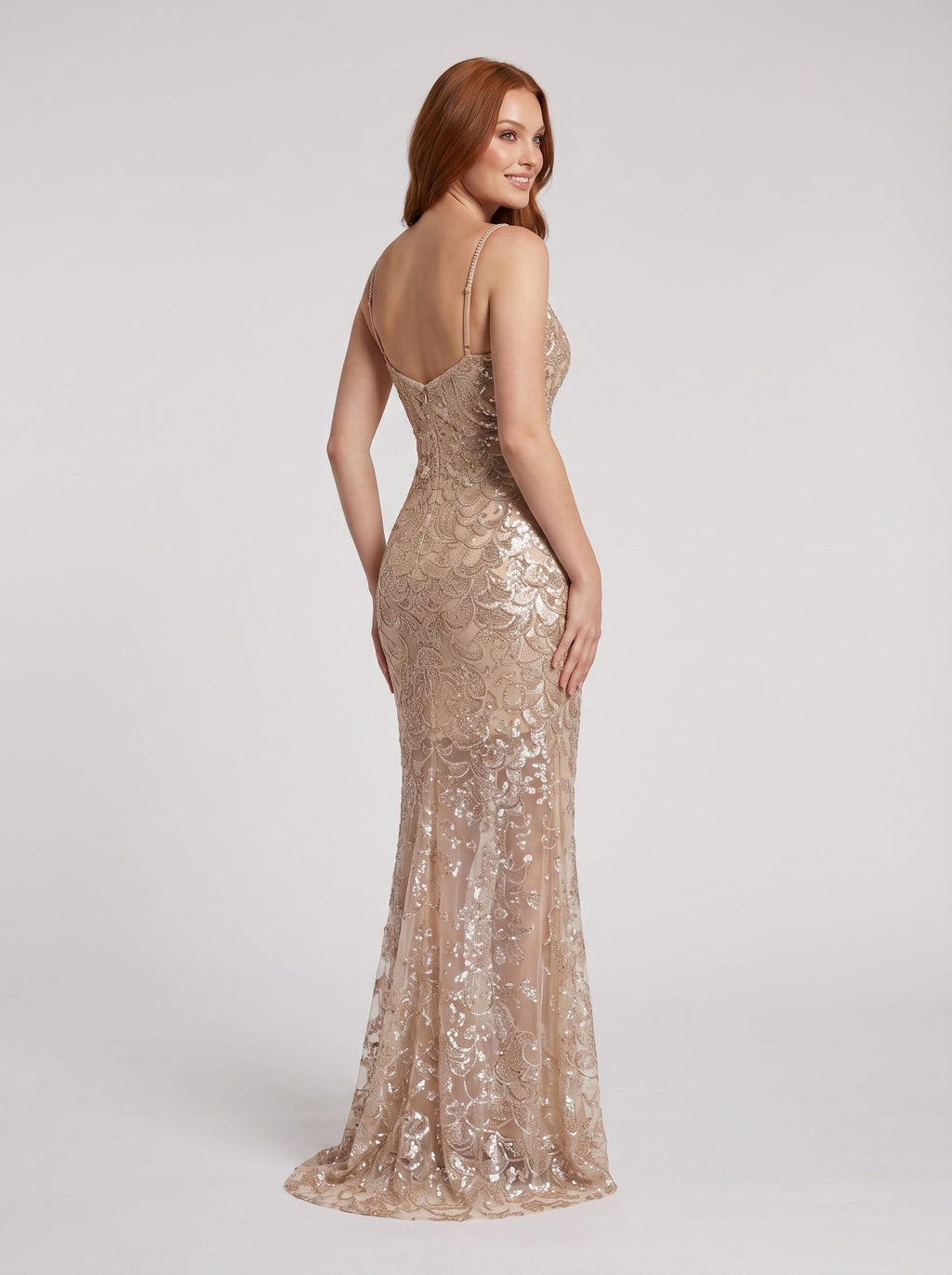 Sand Sequins Sheath V-Neck Back Zip Floor-Length Dress with Sheer Skirt Overlay - Curvevia