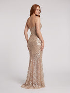 Sand Sequins Sheath V-Neck Back Zip Floor-Length Dress with Sheer Skirt Overlay - Curvevia