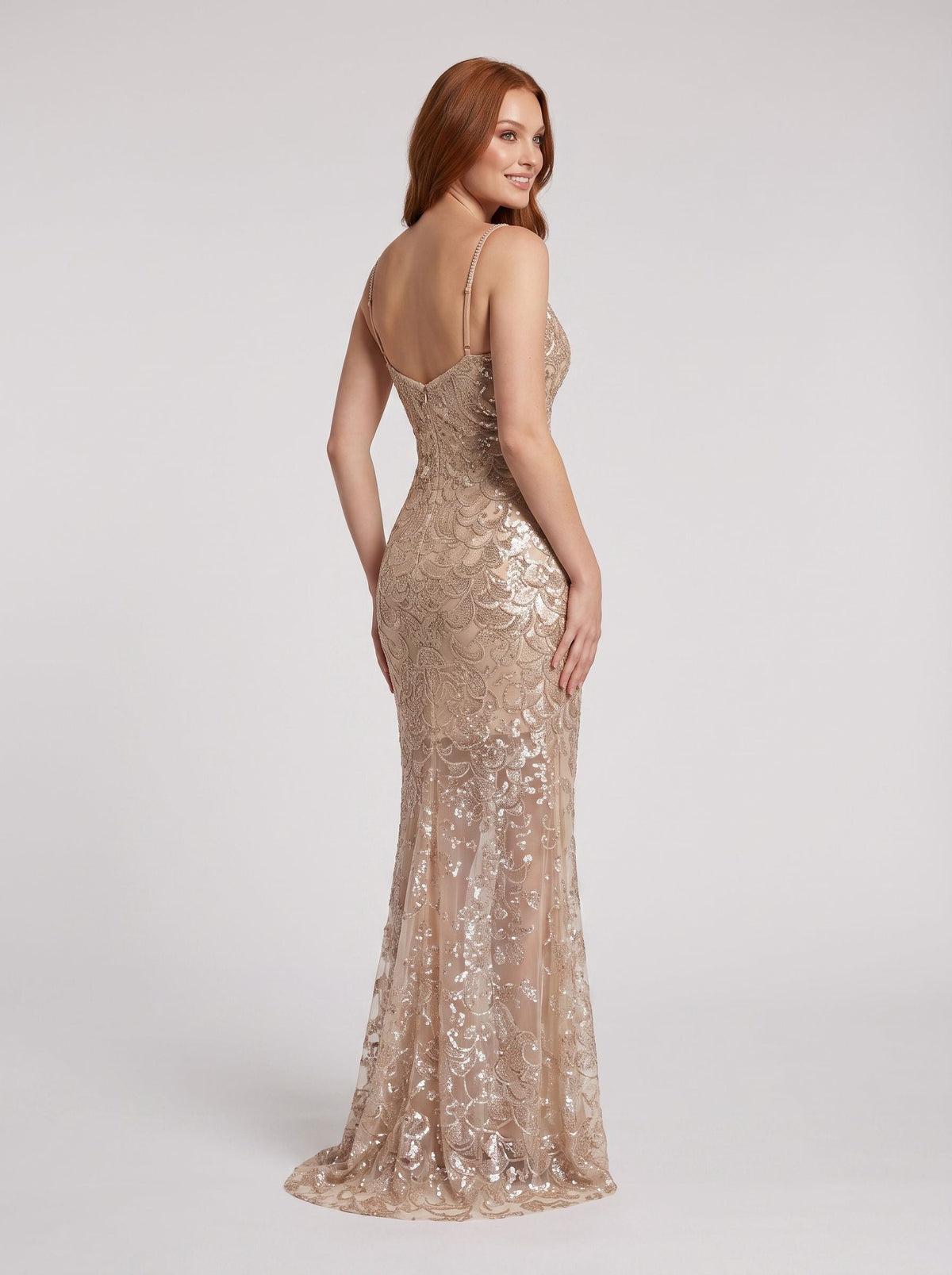 Sand Sequins Sheath V-Neck Back Zip Floor-Length Dress with Sheer Skirt Overlay - Curvevia