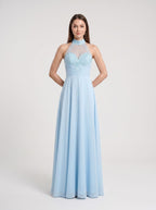 Sky Blue Chiffon A-Line Sweetheart Illusion Floor-Length Dress with Beaded Neck - Curvevia