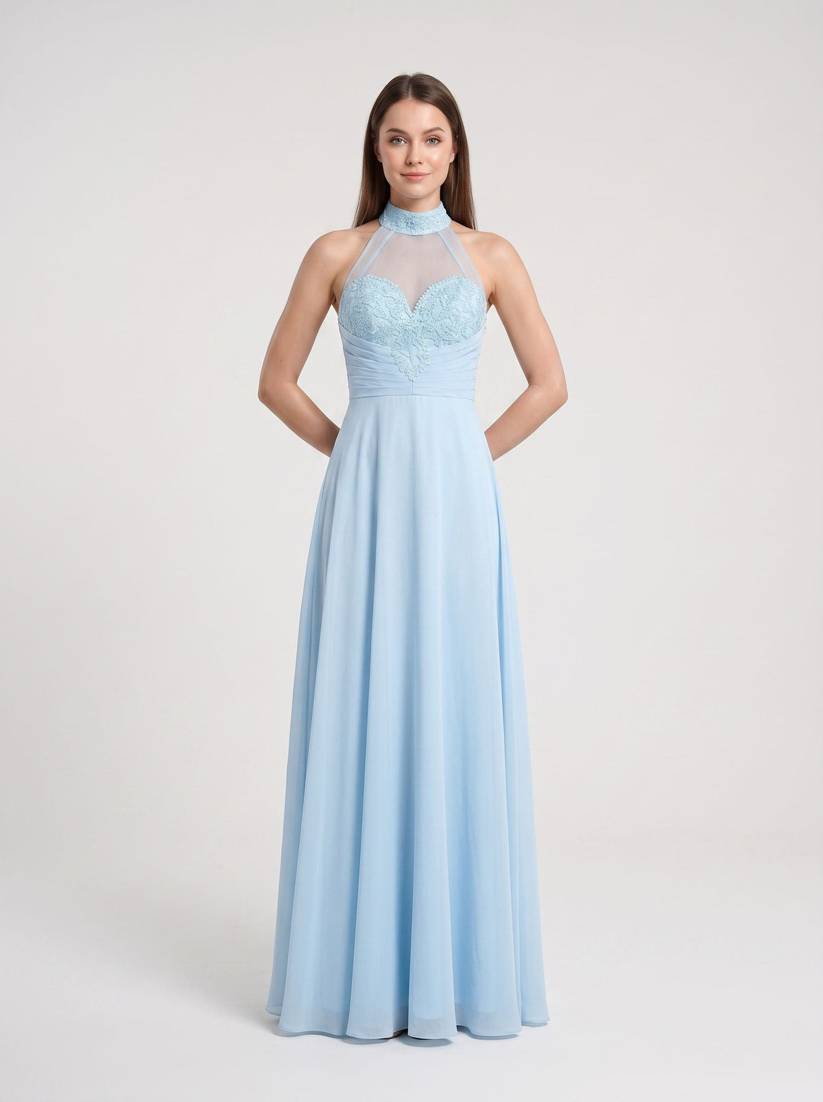 Sky Blue Chiffon A-Line Sweetheart Illusion Floor-Length Dress with Beaded Neck - Curvevia