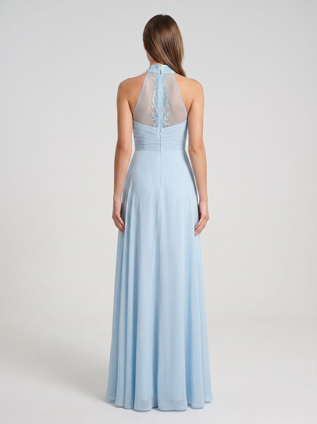 Sky Blue Chiffon A-Line Sweetheart Illusion Floor-Length Dress with Beaded Neck - Curvevia