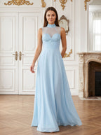 Sky Blue Chiffon A-Line Sweetheart Illusion Floor-Length Dress with Beaded Neck - Curvevia