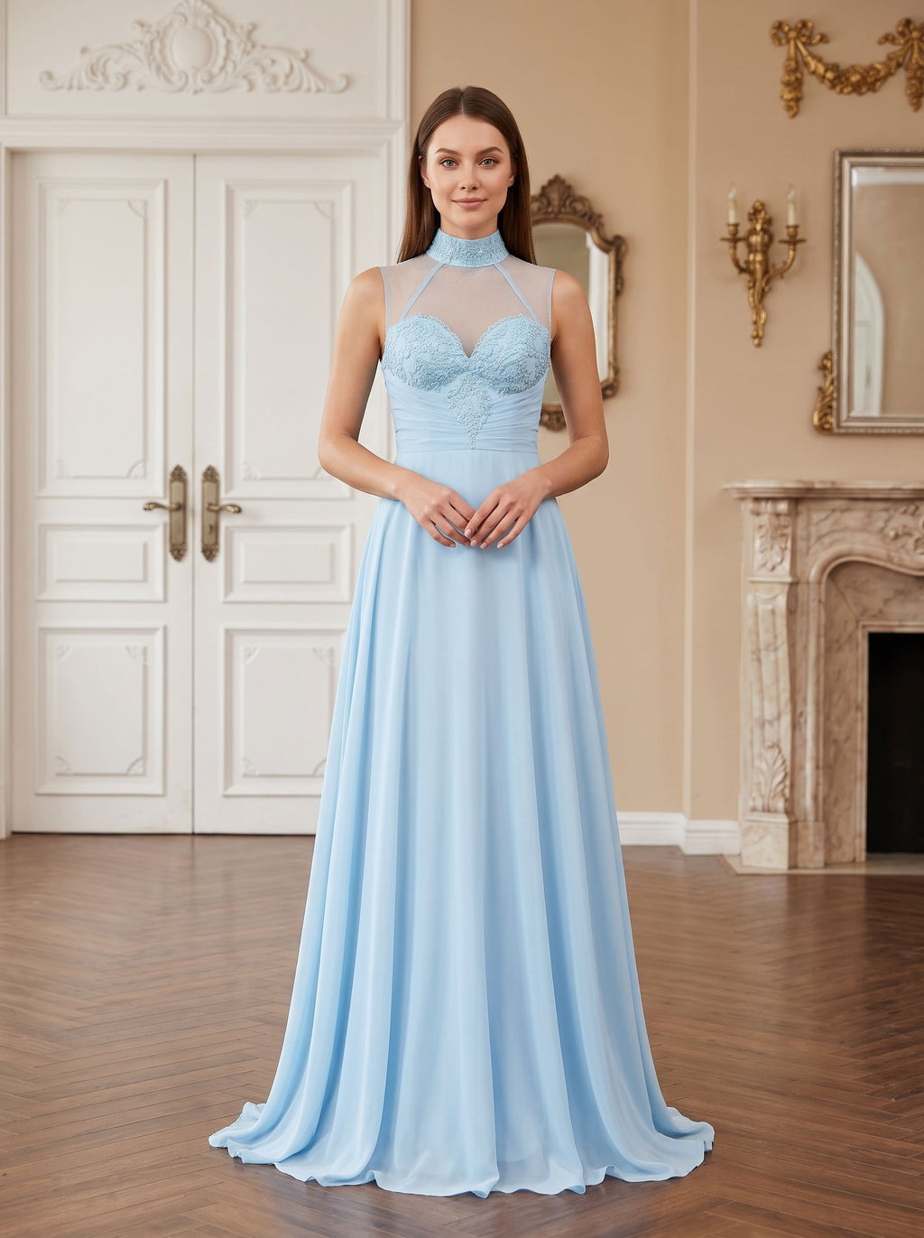 Sky Blue Chiffon A-Line Sweetheart Illusion Floor-Length Dress with Beaded Neck - Curvevia
