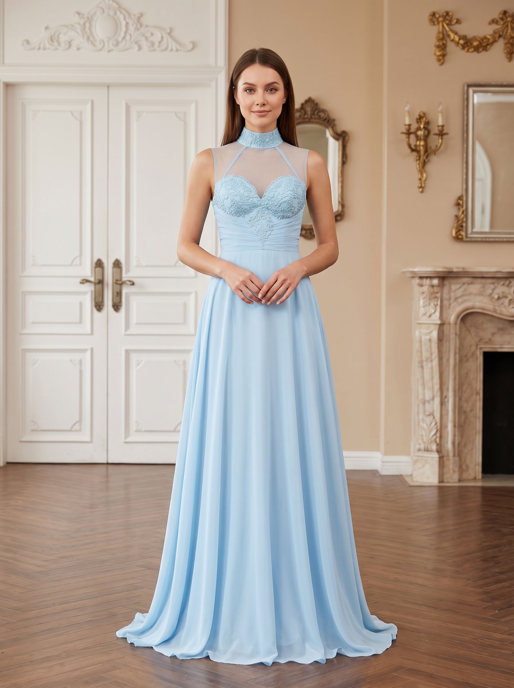 Sky Blue Chiffon A-Line Sweetheart Illusion Floor-Length Dress with Beaded Neck - Curvevia