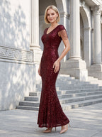 Burgundy Sequins Mermaid V-Neck Back Zip Floor-Length Dress with Allover Sequins - Curvevia