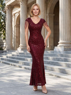 Burgundy Sequins Mermaid V-Neck Back Zip Floor-Length Dress with Allover Sequins - Curvevia