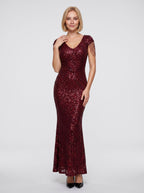 Burgundy Sequins Mermaid V-Neck Back Zip Floor-Length Dress with Allover Sequins - Curvevia