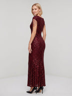 Burgundy Sequins Mermaid V-Neck Back Zip Floor-Length Dress with Allover Sequins - Curvevia