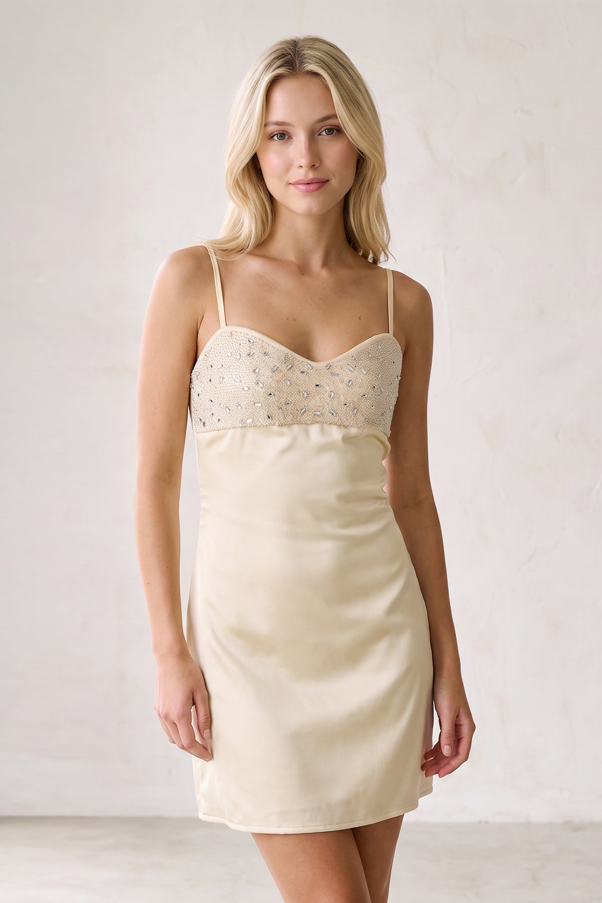 Champagne Spaghetti Straps Sheath Rhinestones Satin Homecoming Dress with Tie Back - Curvevia