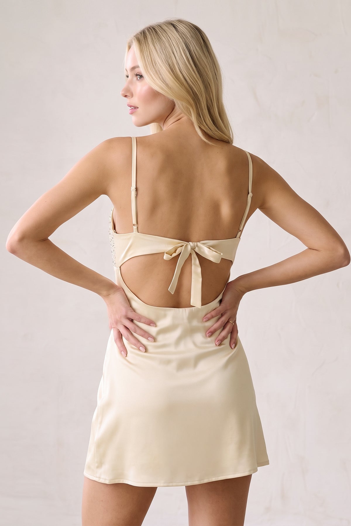Champagne Spaghetti Straps Sheath Rhinestones Satin Homecoming Dress with Tie Back - Curvevia