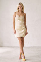 Champagne Spaghetti Straps Sheath Rhinestones Satin Homecoming Dress with Tie Back - Curvevia