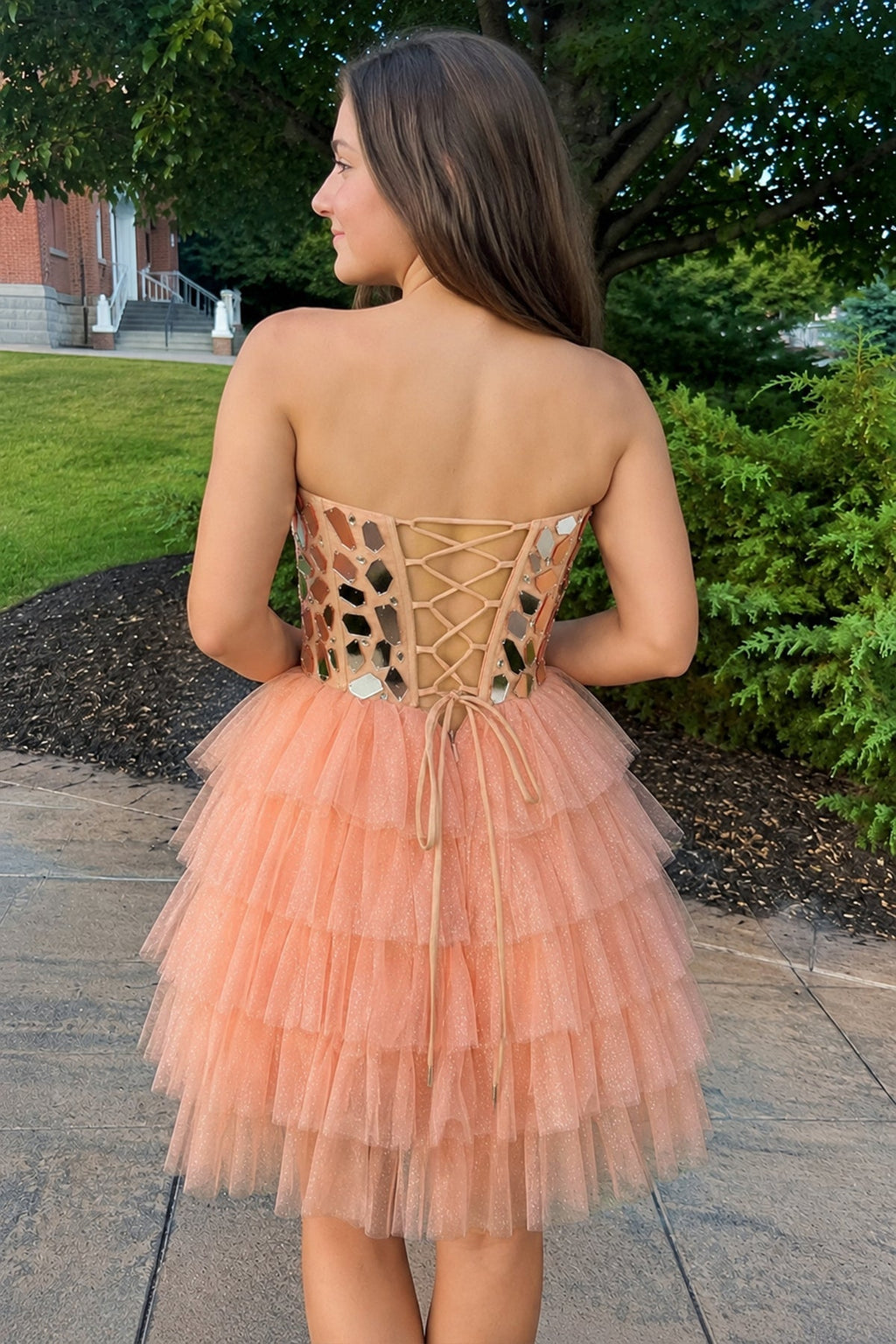 Sparkly Champagne Sweetheart A-Line Tulle Tiered Homecoming Dress - Curvevia