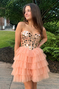Sparkly Champagne Sweetheart A-Line Tulle Tiered Homecoming Dress - Curvevia