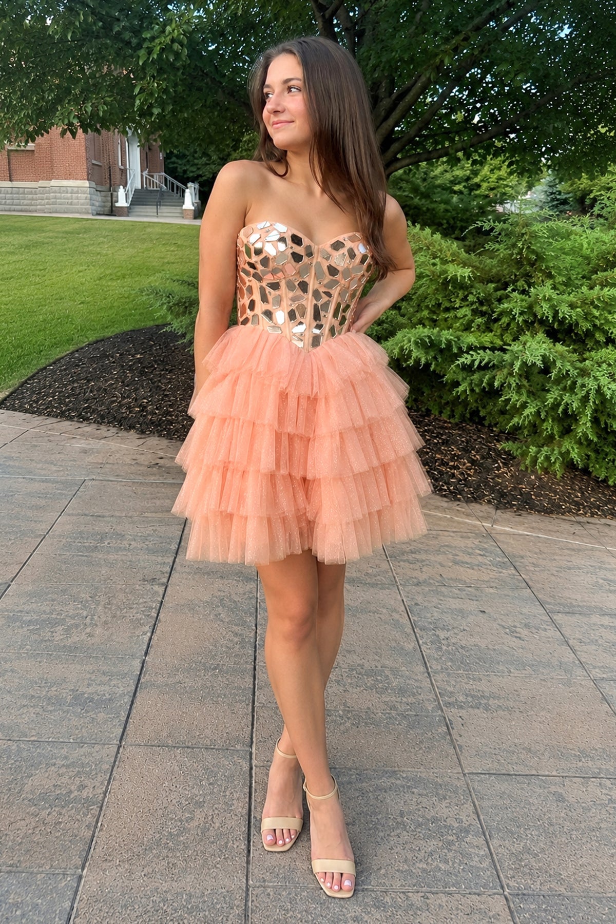 Sparkly Champagne Sweetheart A-Line Tulle Tiered Homecoming Dress - Curvevia