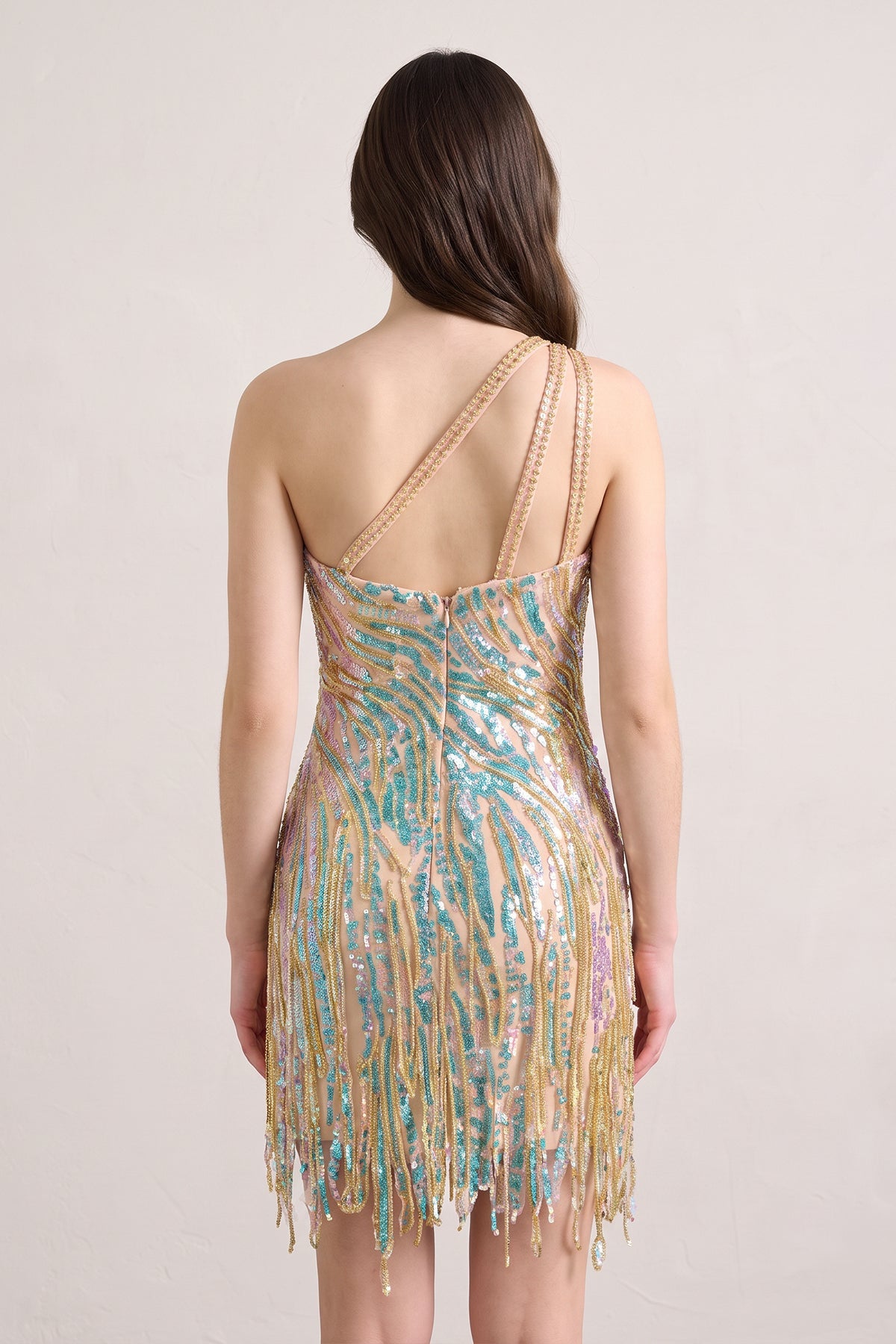 Sparkly Blue One Shoulder Sequins Mini Party Dresses with Fringes - Curvevia
