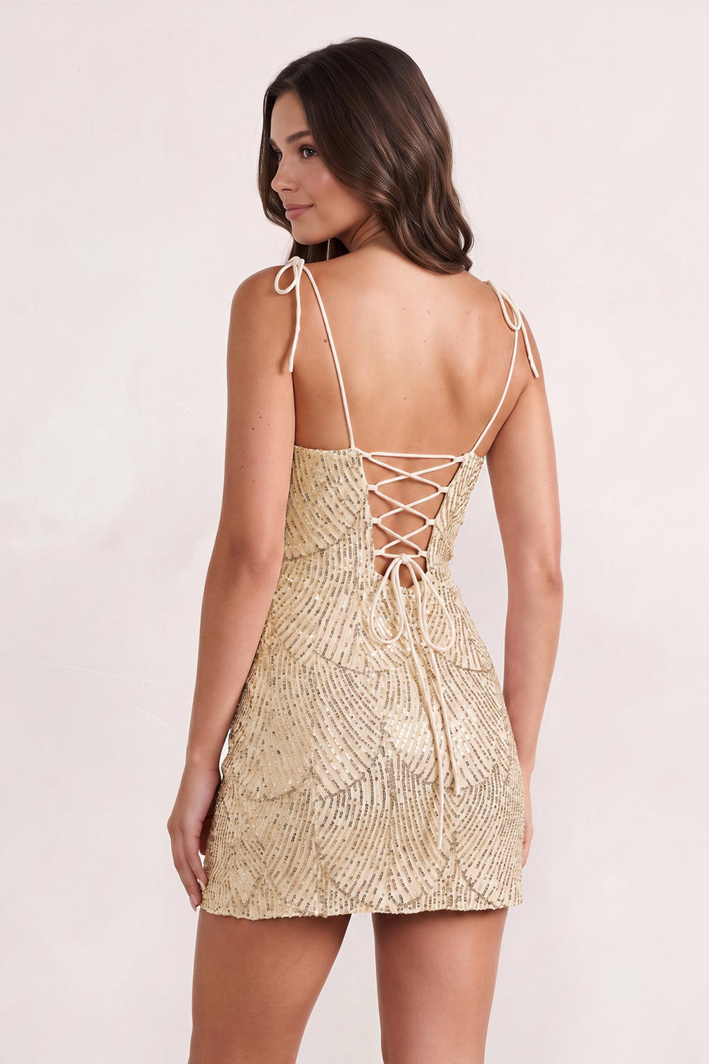 Pink Sparkly Sequin Sheath Bow Spaghetti Straps Homecoming Dress - Curvevia