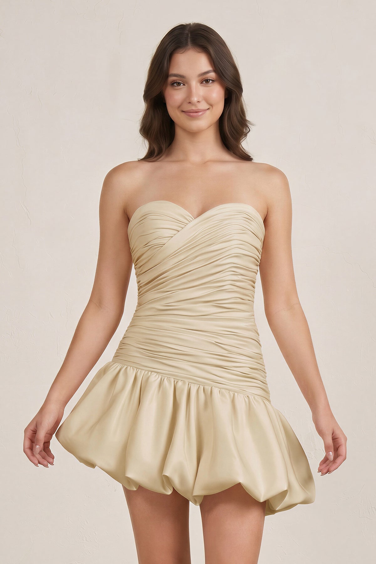 Champagne Strapless A-Line Satin Balloon Draped Wedding Guest Dress - Curvevia