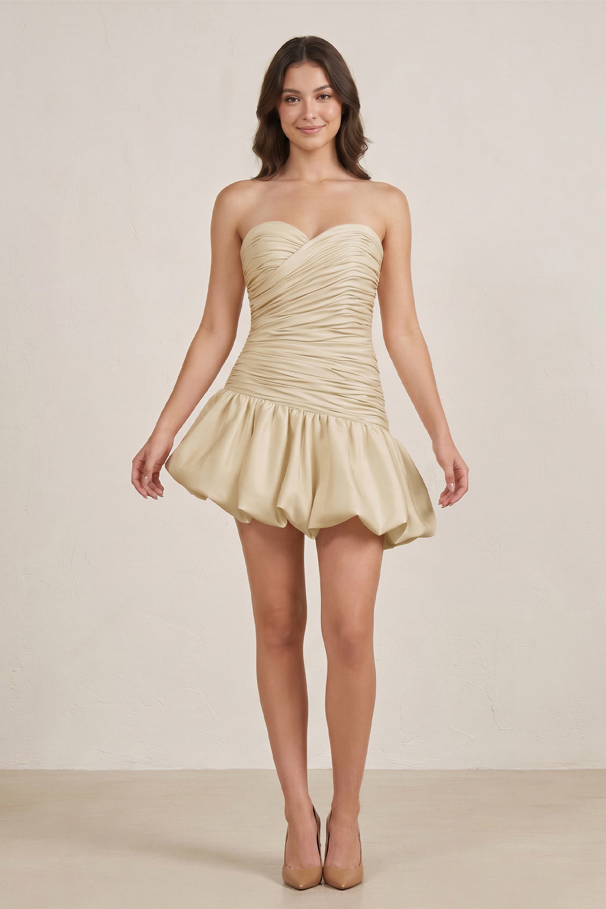 Champagne Strapless A-Line Satin Balloon Draped Wedding Guest Dress - Curvevia