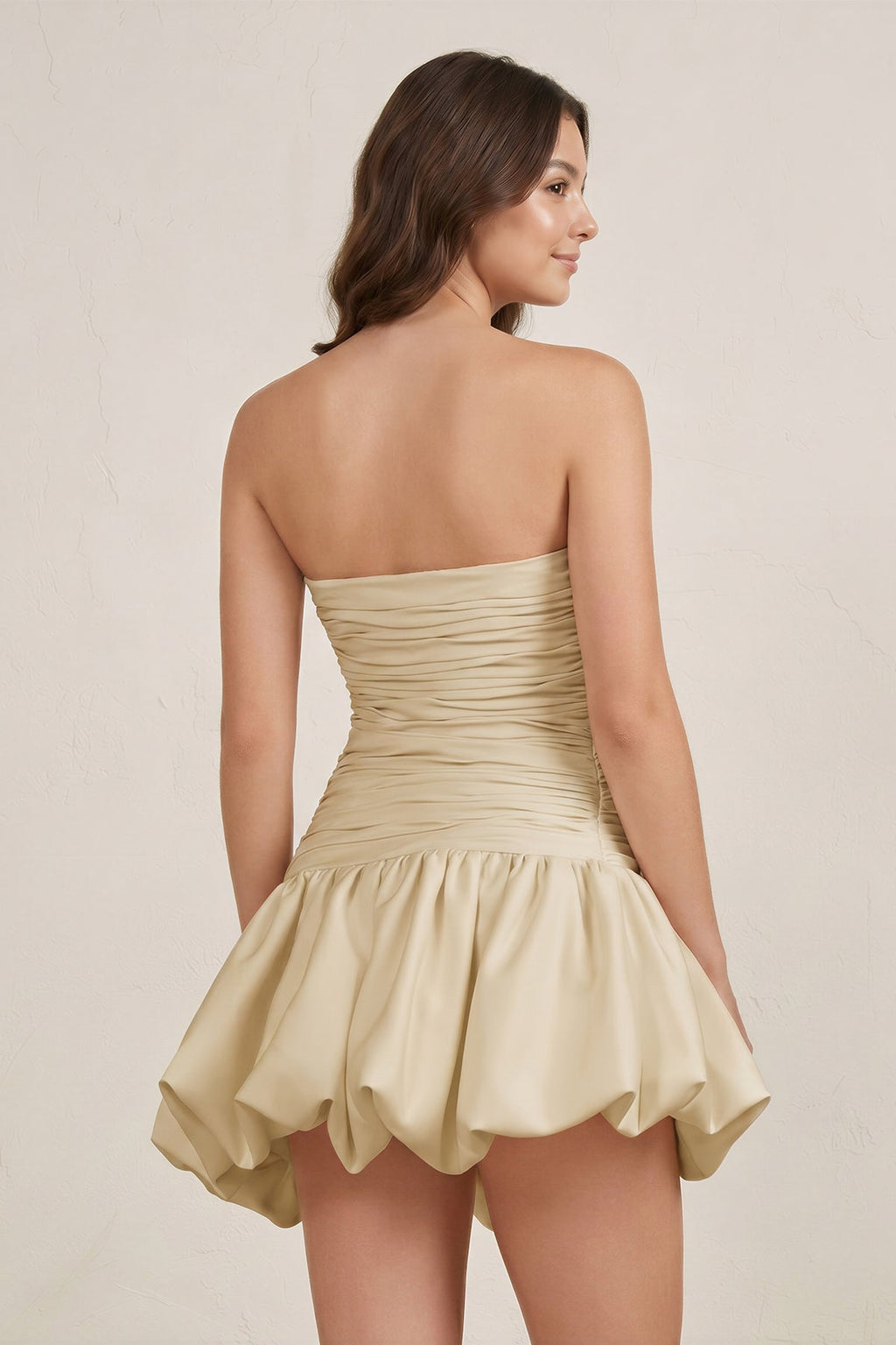 Champagne Strapless A-Line Satin Balloon Draped Wedding Guest Dress - Curvevia