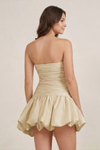 Champagne Strapless A-Line Satin Balloon Draped Wedding Guest Dress - Curvevia
