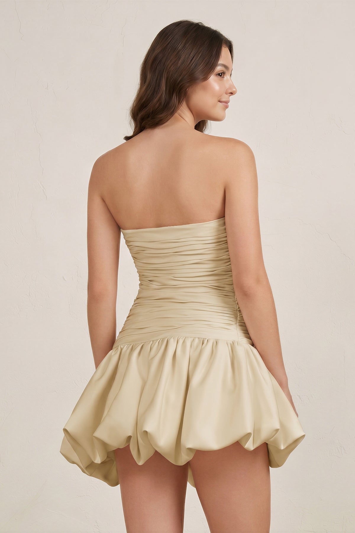 Champagne Strapless A-Line Satin Balloon Draped Wedding Guest Dress - Curvevia