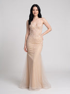 Sand Tulle Mermaid V-Neck Corset Back Floor-Length Dress with 3D Floral Appliques - Curvevia