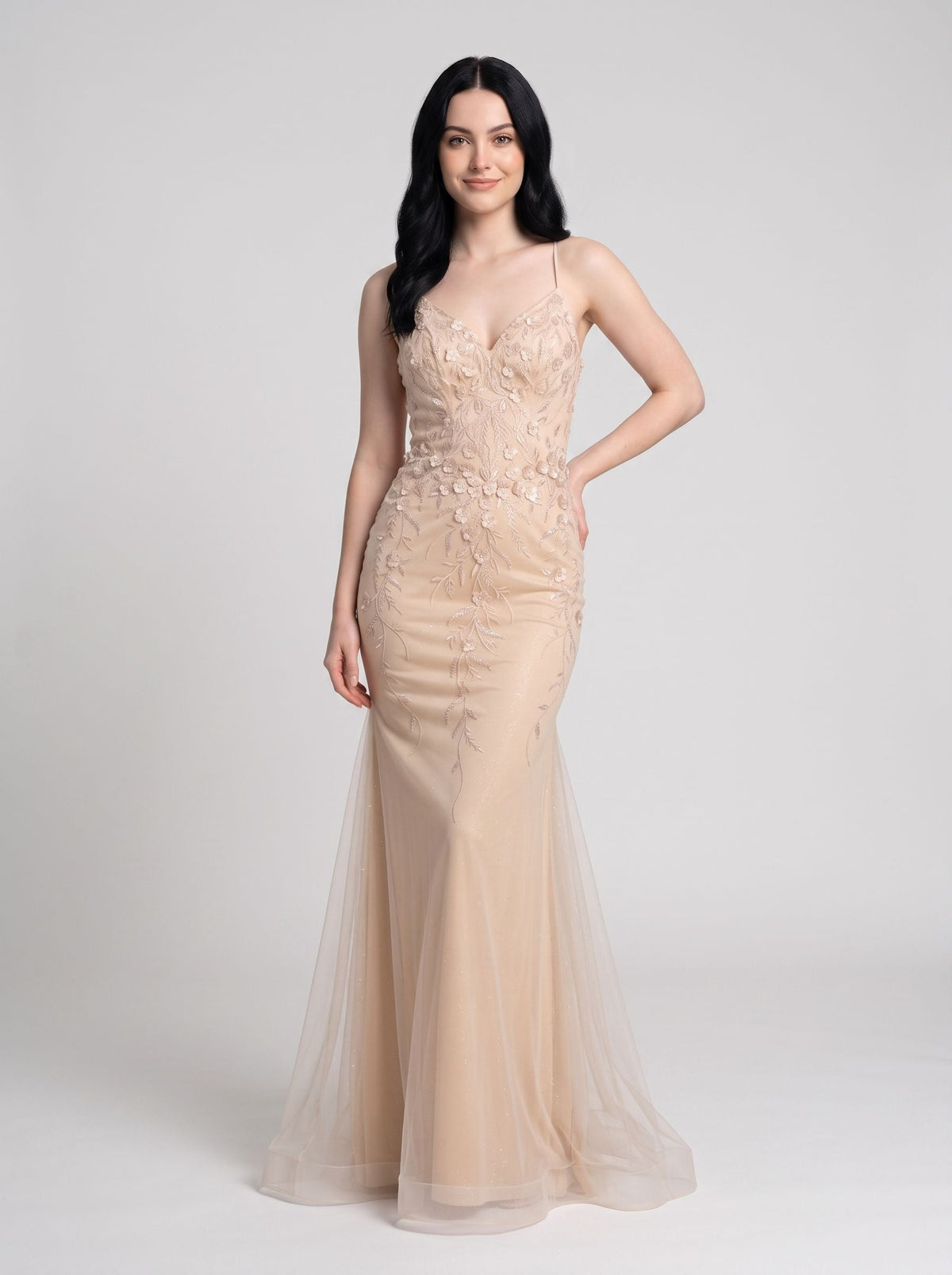 Sand Tulle Mermaid V-Neck Corset Back Floor-Length Dress with 3D Floral Appliques - Curvevia