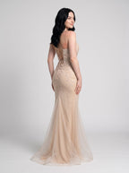 Sand Tulle Mermaid V-Neck Corset Back Floor-Length Dress with 3D Floral Appliques - Curvevia