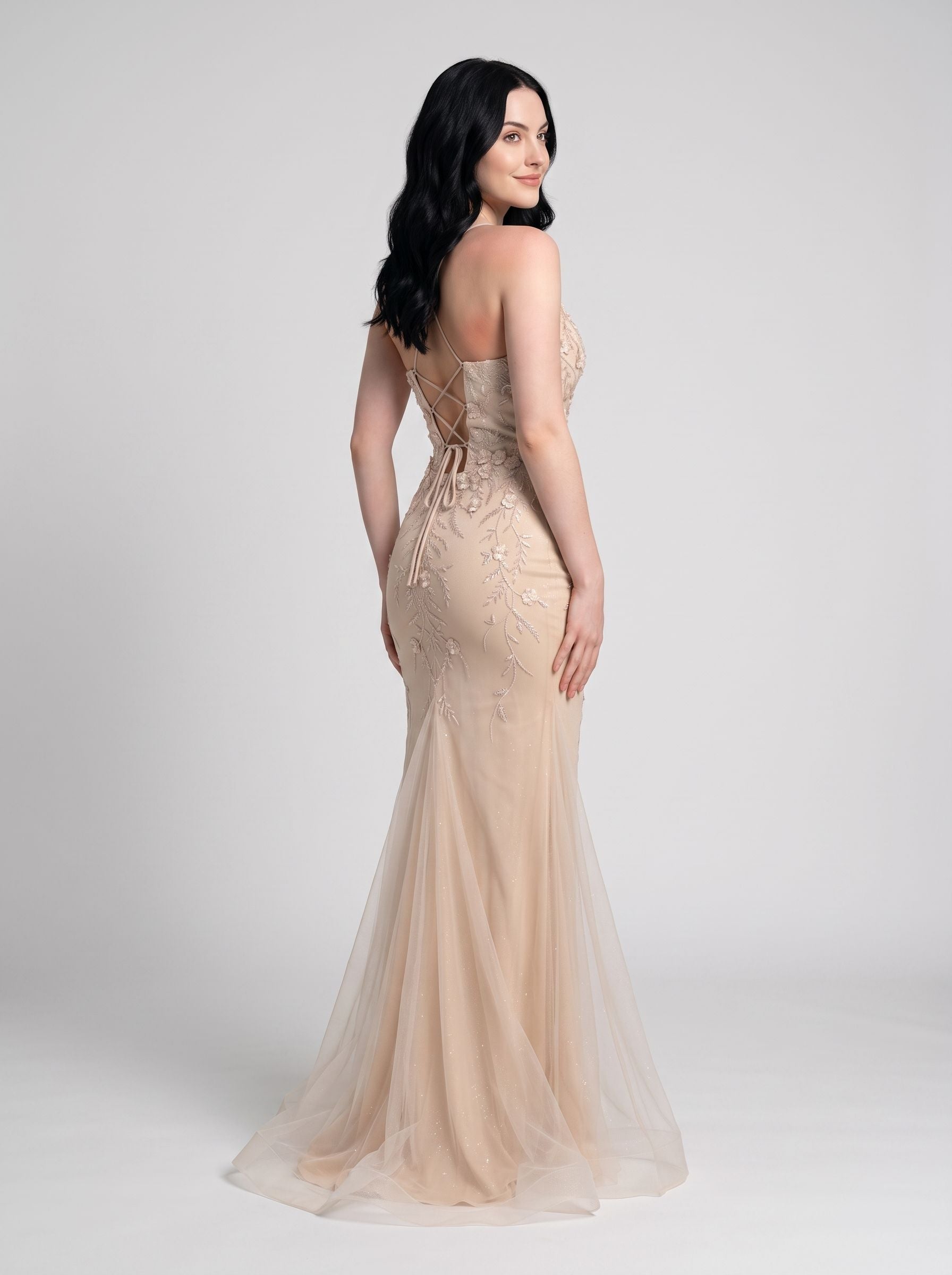 Sand Tulle Mermaid V-Neck Corset Back Floor-Length Dress with 3D Floral Appliques - Curvevia