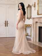 Sand Tulle Mermaid V-Neck Corset Back Floor-Length Dress with 3D Floral Appliques - Curvevia