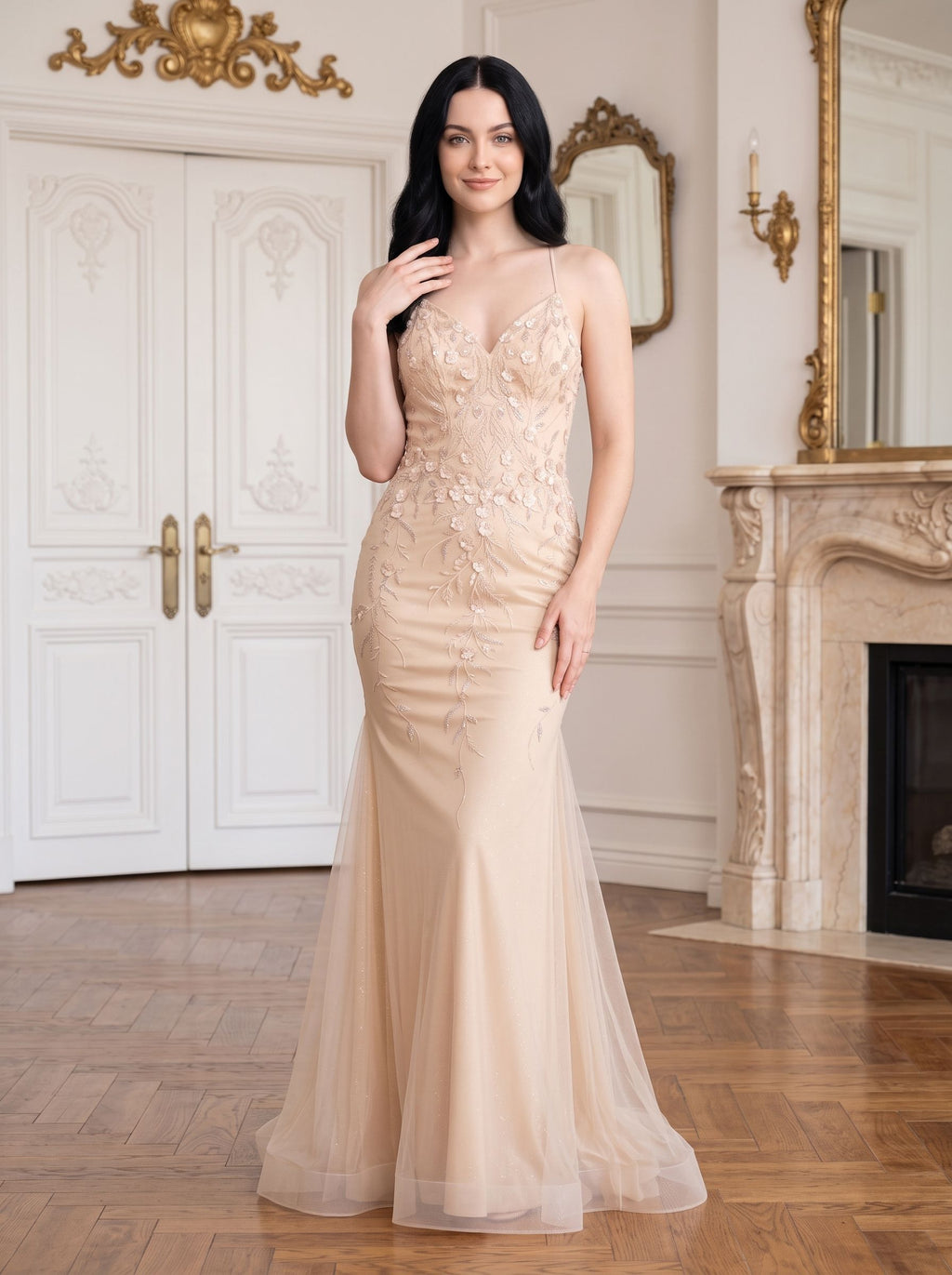 Sand Tulle Mermaid V-Neck Corset Back Floor-Length Dress with 3D Floral Appliques - Curvevia