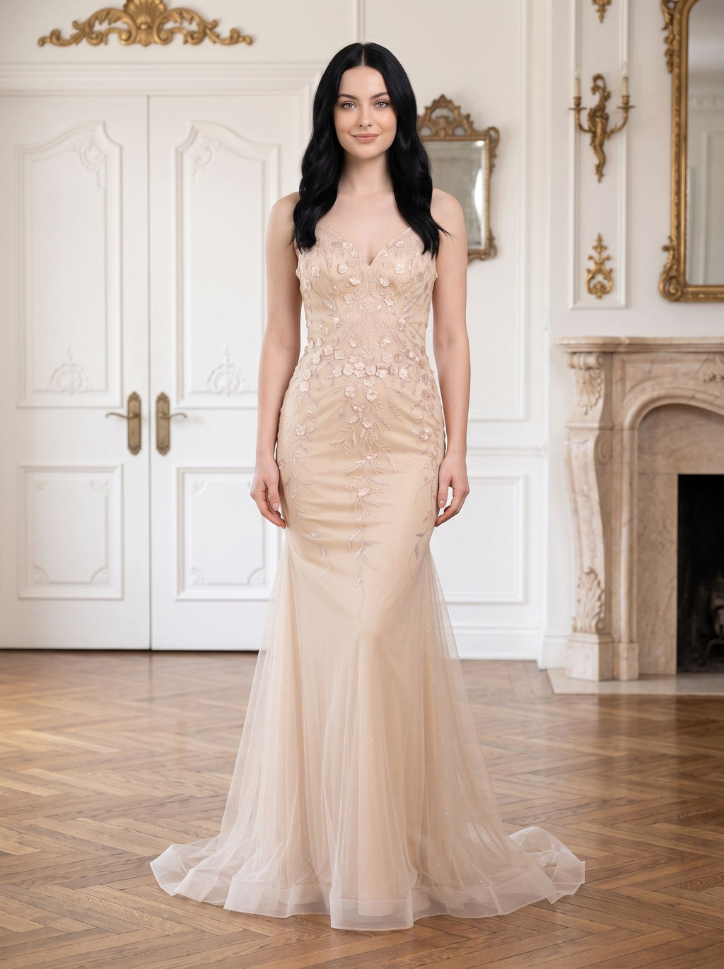 Sand Tulle Mermaid V-Neck Corset Back Floor-Length Dress with 3D Floral Appliques - Curvevia