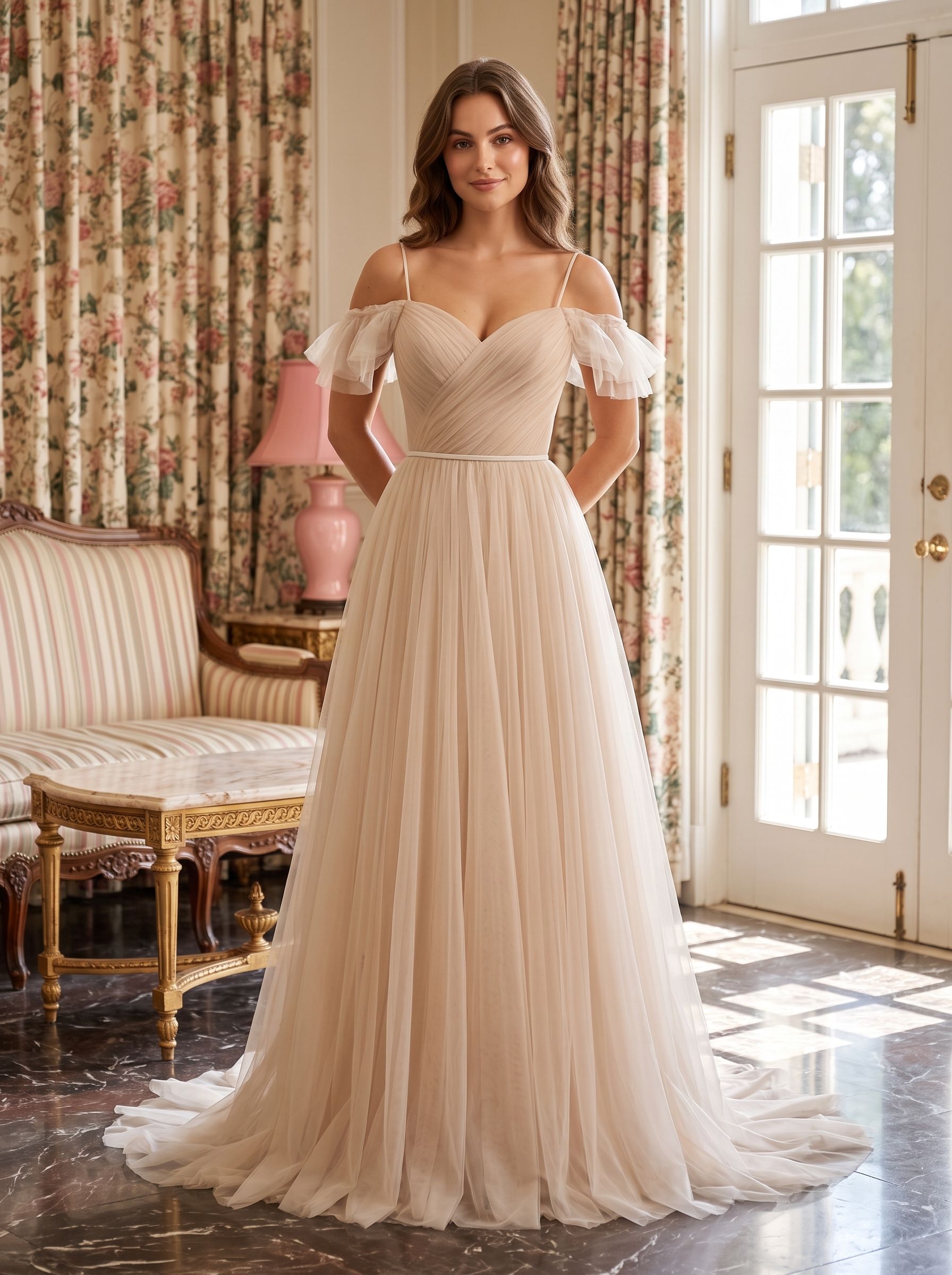 Champagne Tulle A-Line Off-the-Shoulder V-Back Floor-Length Dress with Layered Skirt - Curvevia