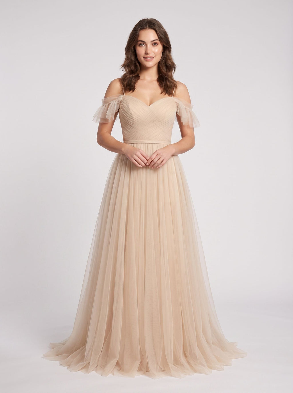 Champagne Tulle A-Line Off-the-Shoulder V-Back Floor-Length Dress with Layered Skirt - Curvevia