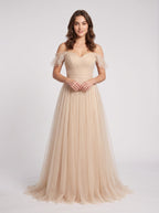 Champagne Tulle A-Line Off-the-Shoulder V-Back Floor-Length Dress with Layered Skirt - Curvevia
