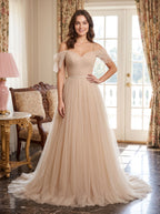 Champagne Tulle A-Line Off-the-Shoulder V-Back Floor-Length Dress with Layered Skirt - Curvevia